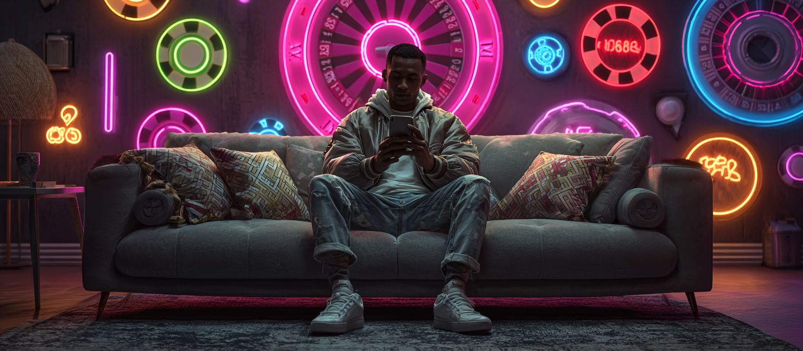 Stylish man sitting on a modern sofa using a smartphone, surrounded by glowing neon casino signs