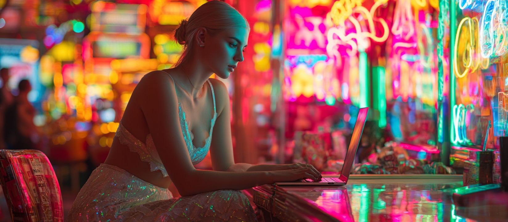 An elegant woman in a sparkling white dress plays Aviator on her laptop in a brightly neon-lit room.