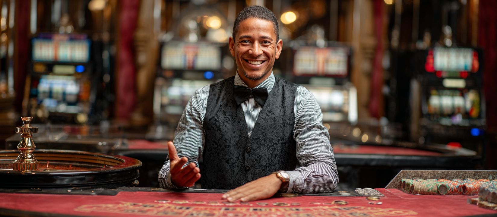 Friendly casino dealer in a bow tie smiling behind a roulette table, ready for the game
