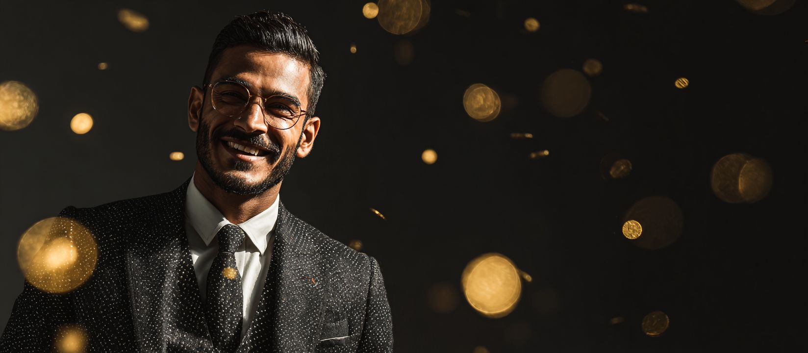 Confident man in a black suit and glasses surrounded by shimmering golden lights