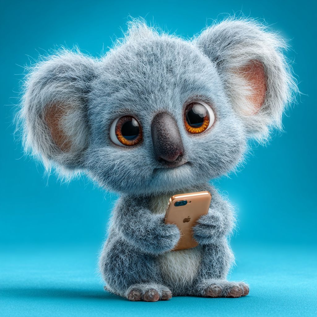 Cute fluffy koala holding a golden smartphone on a bright blue background, symbolizing 555WW mobile gaming