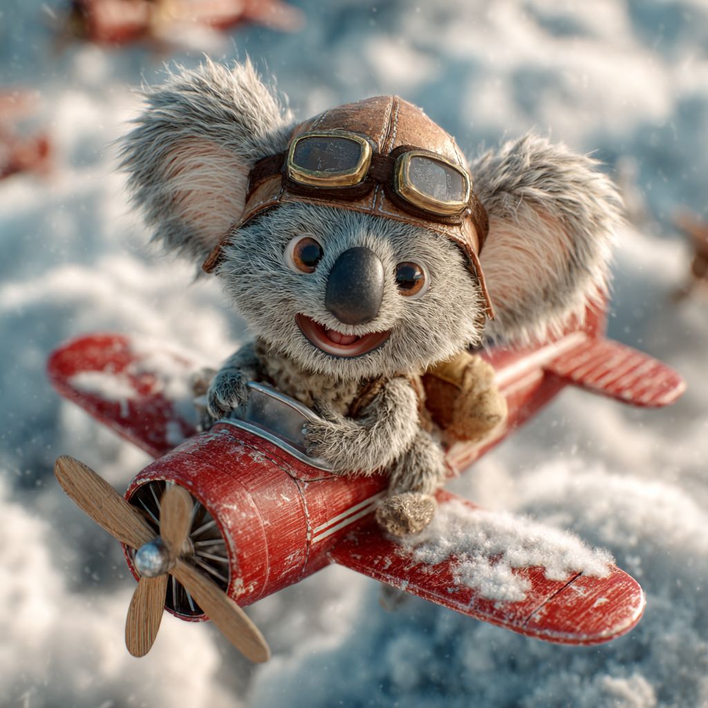 Smiling koala pilot in vintage goggles flying a red propeller plane through snowy clouds