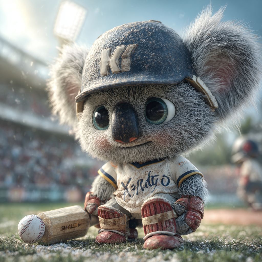 Adorable koala cricket player in uniform holding a bat on a sunny stadium field