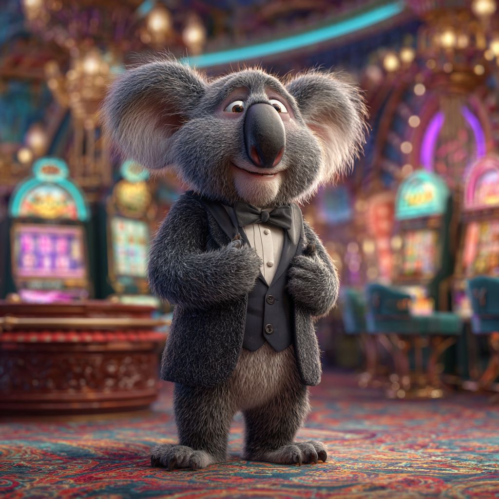 Elegant koala in a tuxedo standing proudly in a luxurious casino hall