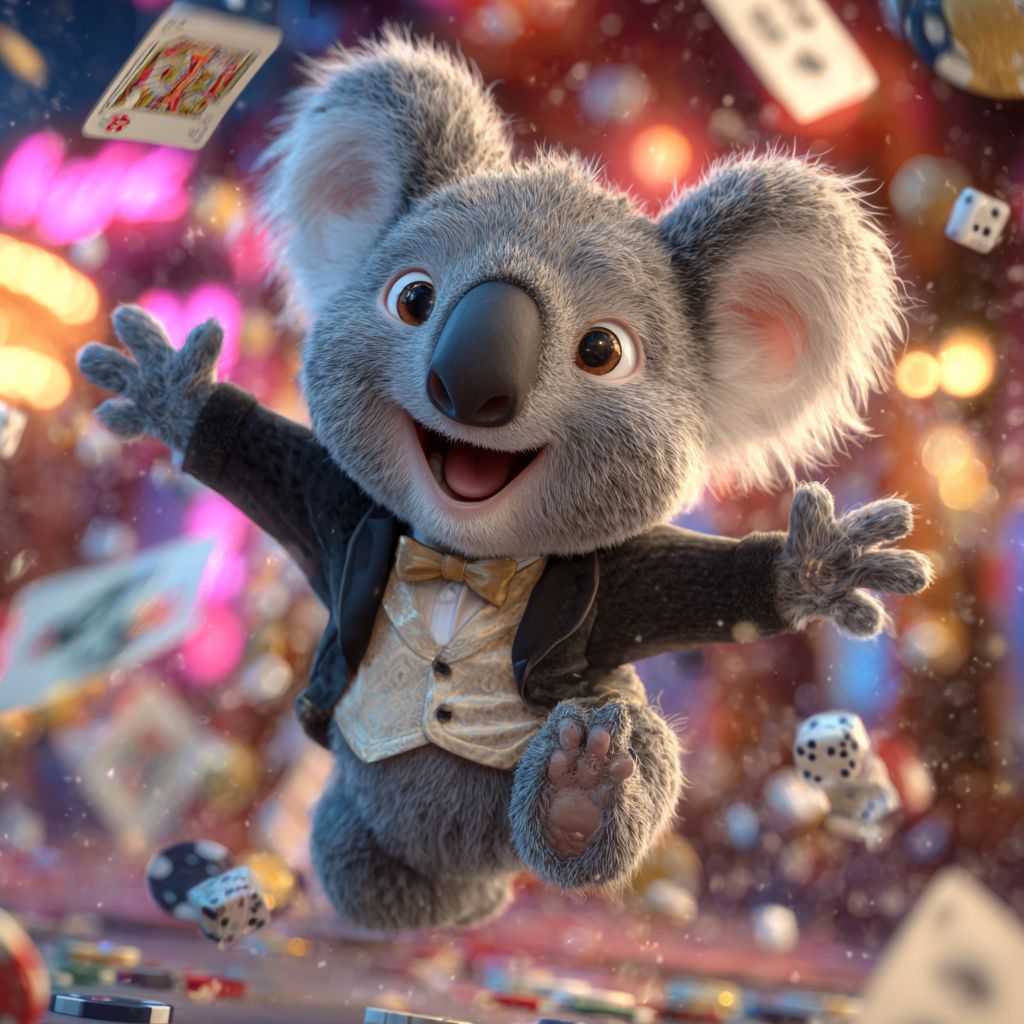 Cheerful koala in a golden vest surrounded by flying cards, dice and casino lights