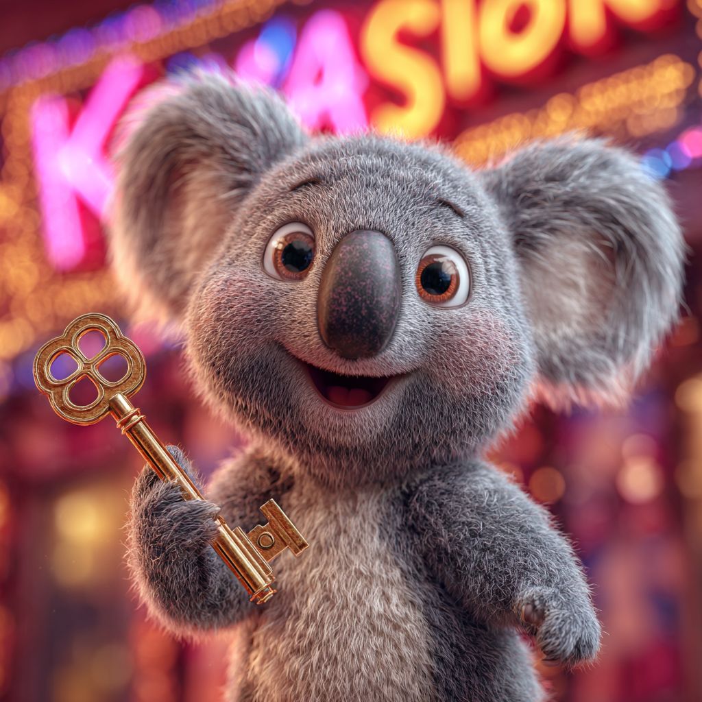 Happy koala holding a golden key with a glowing casino sign in the background