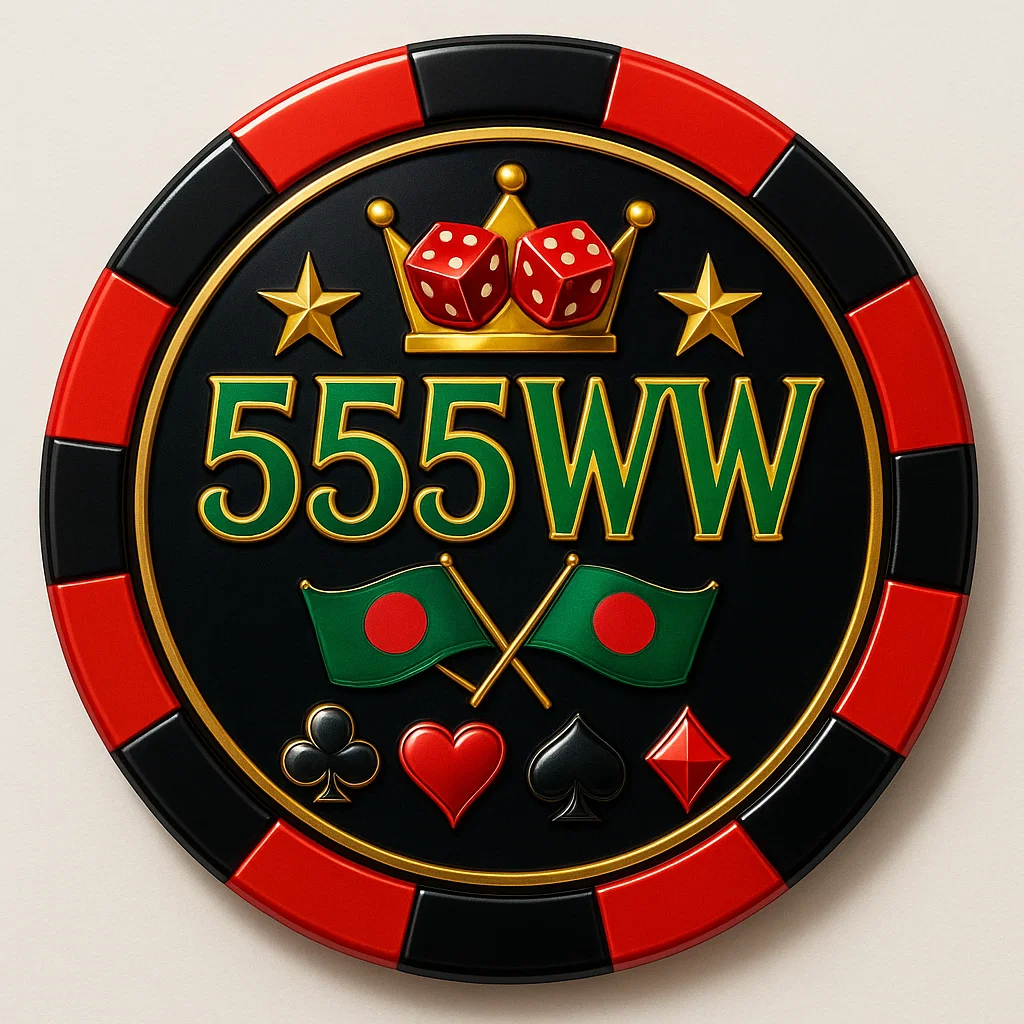 Play and win big with 555WW – your gateway to premium gaming! Luxurious casino chip with the 555WW logo, golden crown, red dice, stars, Bangladeshi flags, and card suit symbols