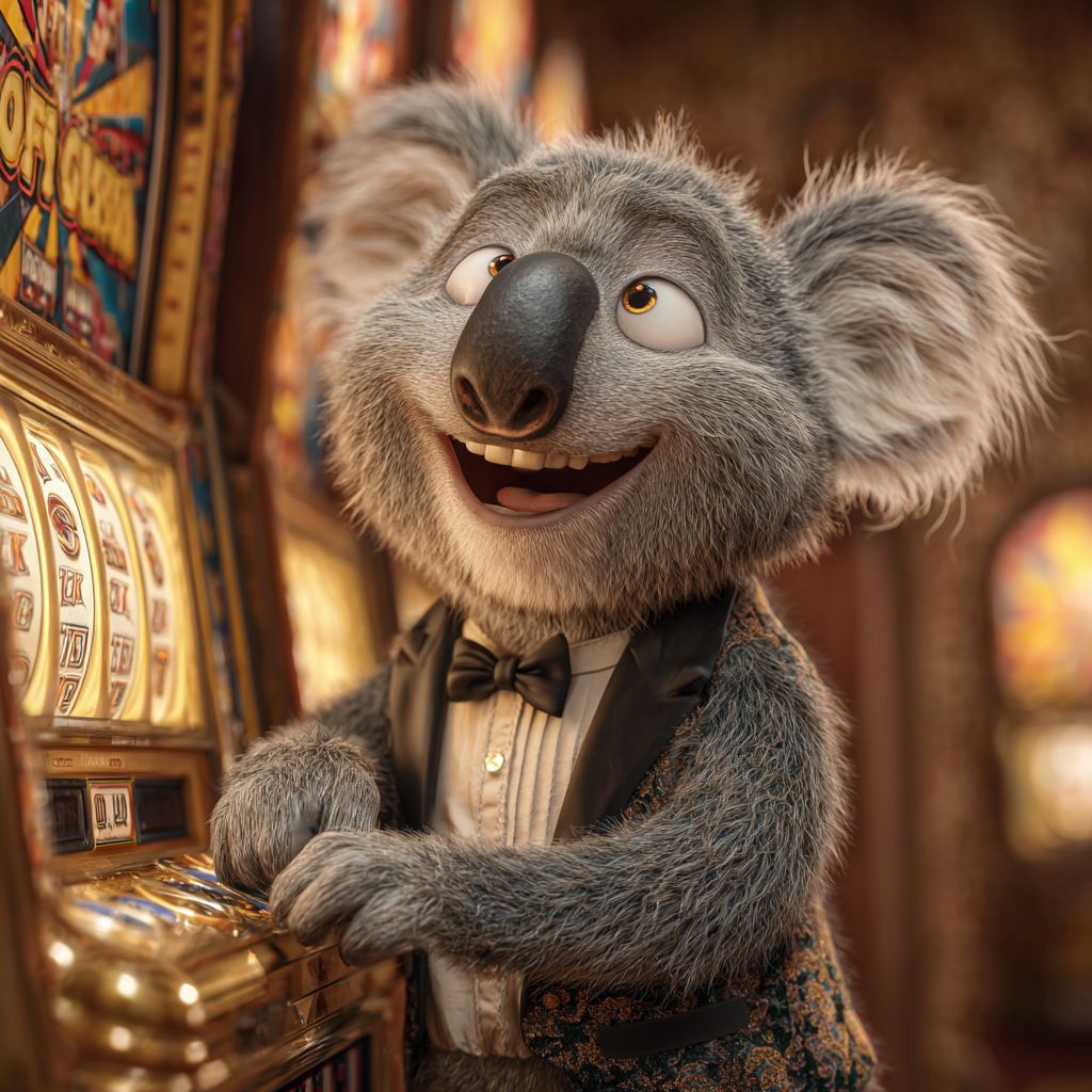 Joyful koala in a tuxedo playing a sparkling slot machine in a glamorous casino