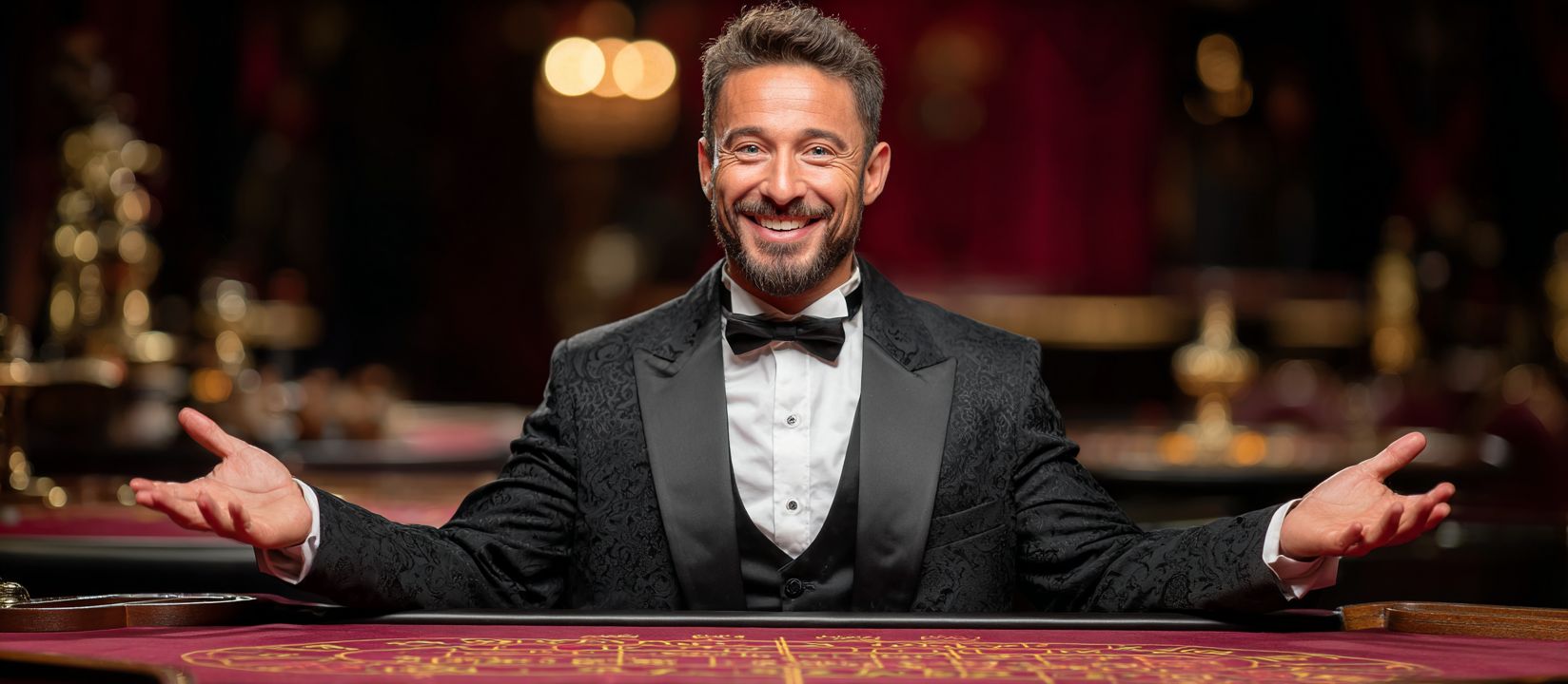 Cheerful casino dealer in a black tuxedo welcoming players with open arms