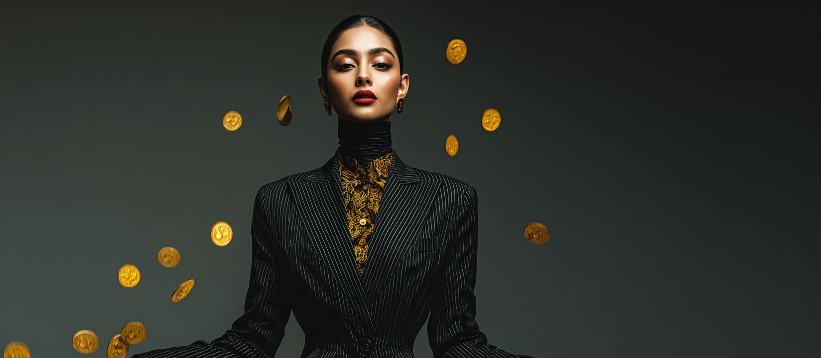 Join 555WW and turn every spin into pure gold! Elegant woman in a black pinstripe suit with golden accents, surrounded by floating gold coins on a dark background