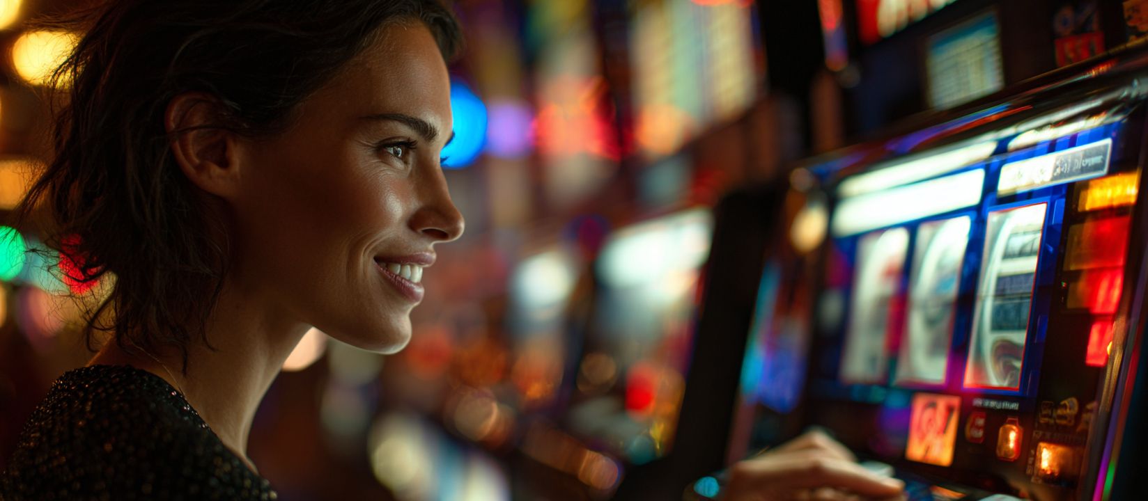 Smiling woman playing slot machines under colorful casino lights