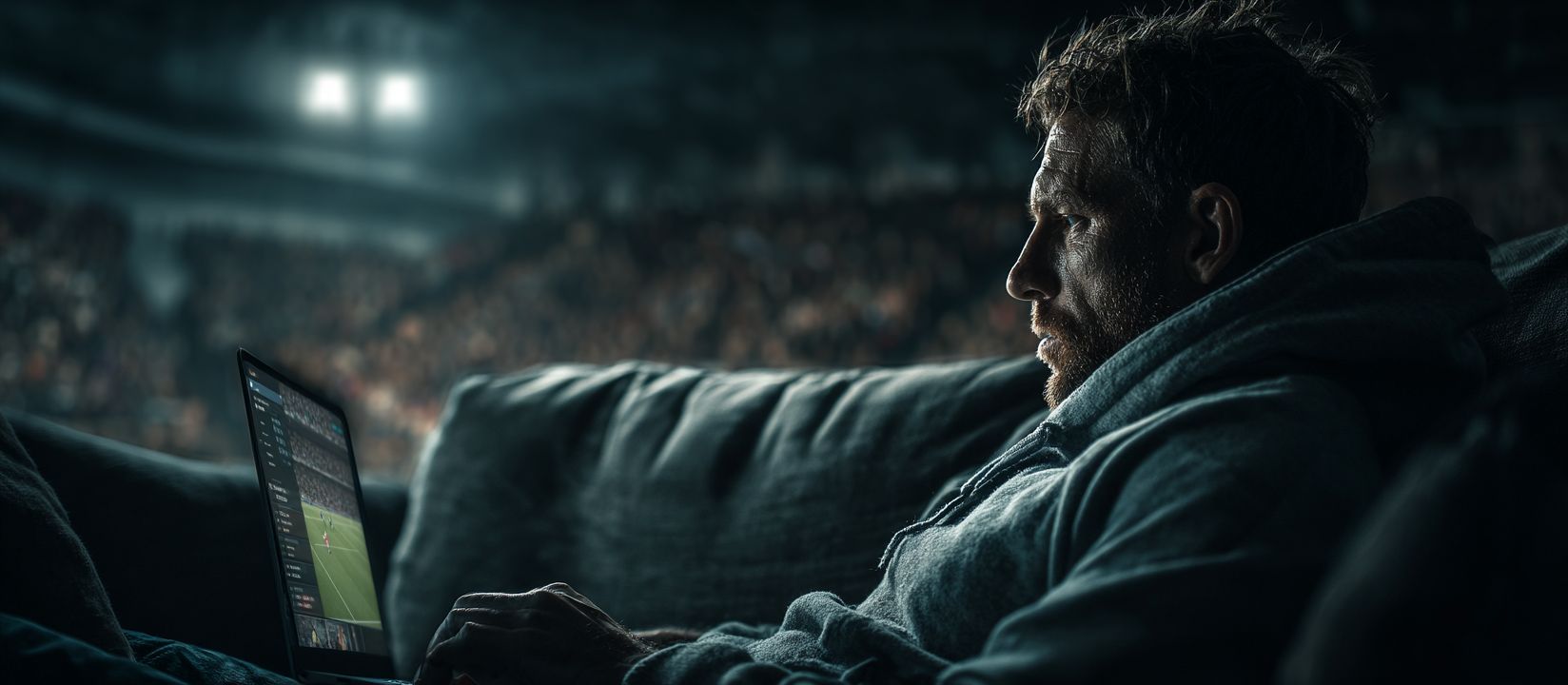 Focused man on a couch using a laptop to place bets with a stadium in the background